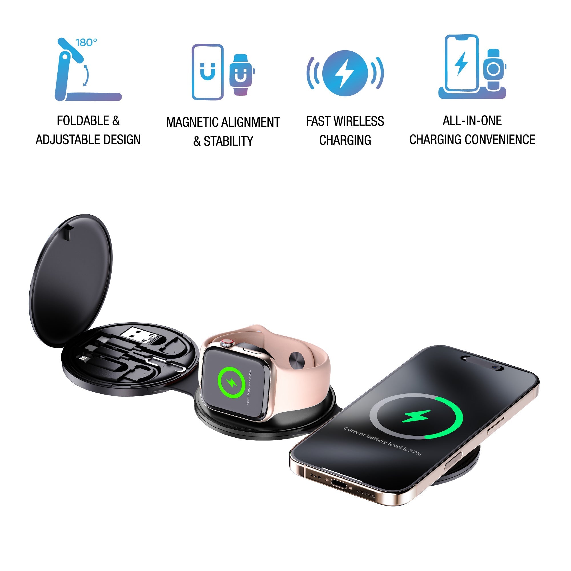 Power & Sound Essentials Bundle – 5-in-1 Folding Wireless Charging Station + True Wireless Earbuds